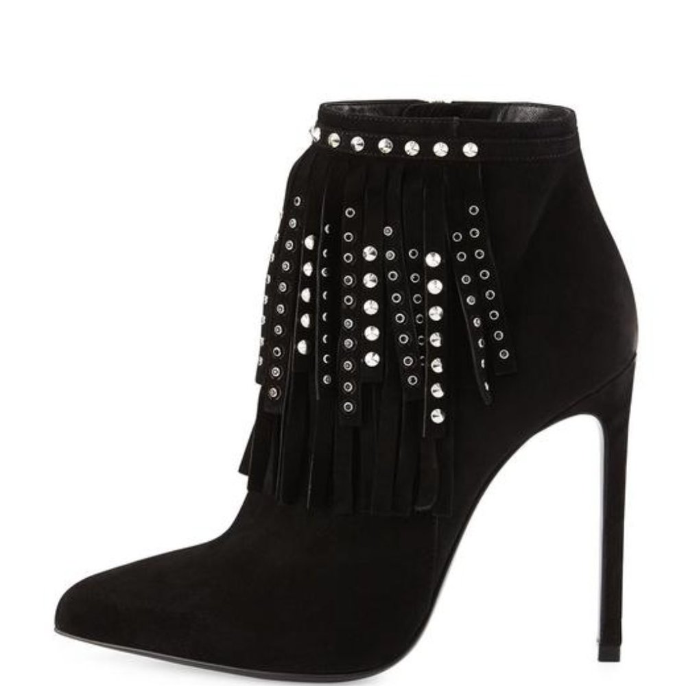Saint Laurent Black Suede Studded-fringe Bootie - Picture 4 of 15